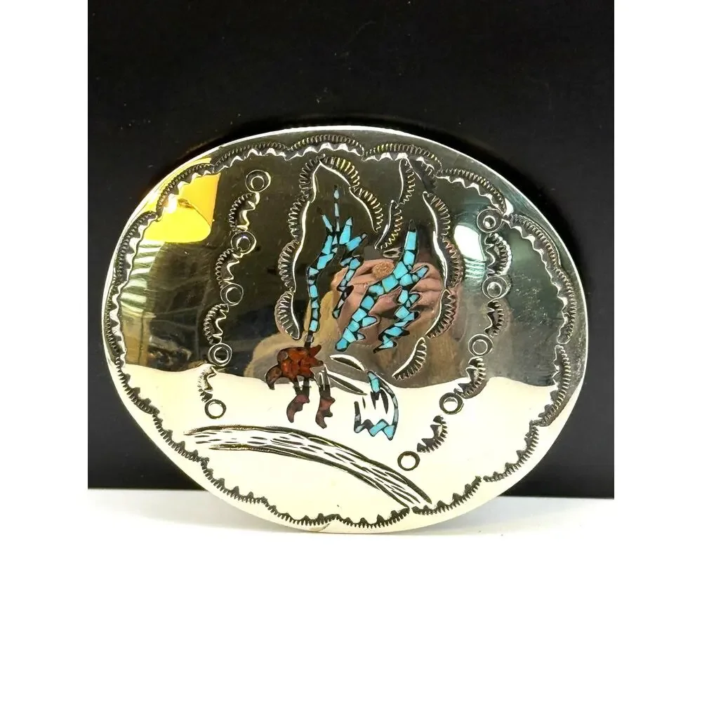 Vintage Sterling Silver Hopi Signed Turquoise Coral Buckle